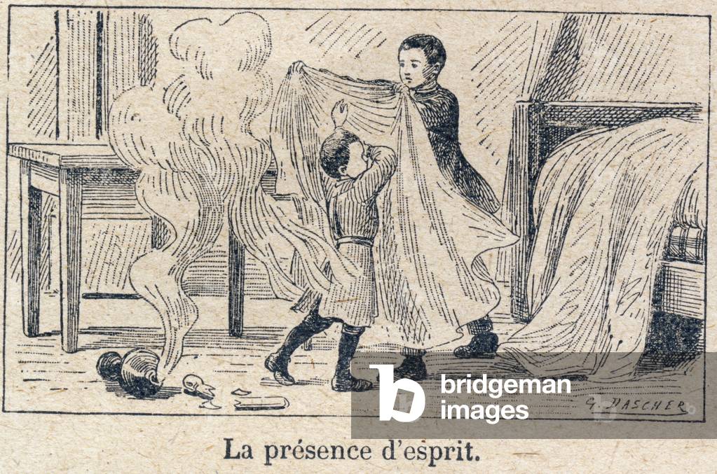 Duties towards oneself: the soul. Initiative - Presence of spirit. A yellow boy suffocates the flames of his little brother's clothes and spreads the fire with a blanket. Engraving in “” The unique book of morality and civic instruction, intended for students of the three courses of the Primary School and those of the primary classes of the Lycees et Colleges, First Part: Morale” by A. Miglet (Primary Inspector Officer of Public Instruction) and H. Bernat (Teacher). Work redige in accordance with the instructions given by the Inspectorate-General in 1893 on the teaching of morals. Edition of 1919 (seventeenth). Godchaux et Cie, printers-publishers, Paris. Drawings by G. Dascher, grave by Bordier. Private Collection