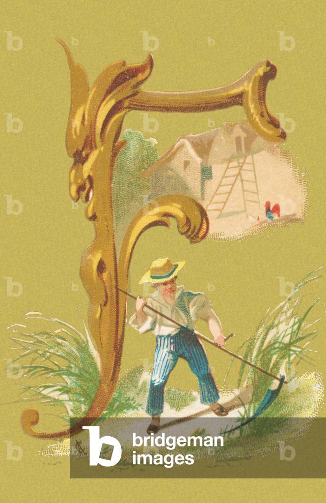 F: mower, fake, hay, farm (colour litho)