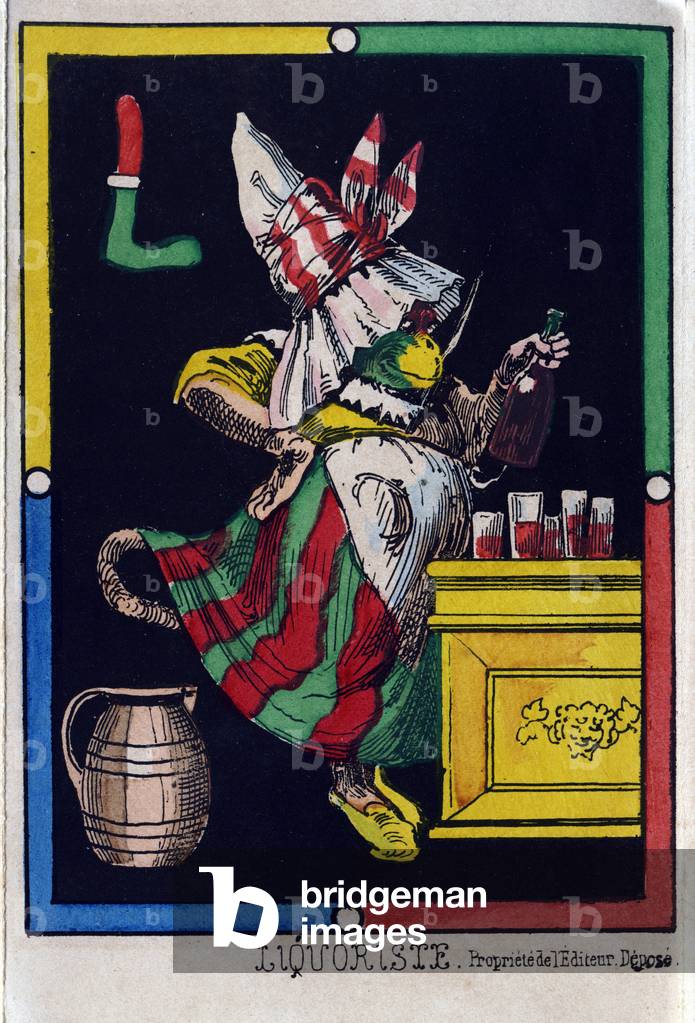 Letter L as a liquorist. Alphabet of monkeys.1863 (Epinal print)