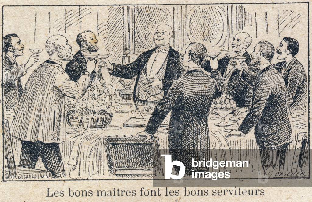 Duties of the child at school: Duties of Masters and Bosses to Servants and Workers. “Good masters make good servants.” Engraving in “” The unique book of morality and civic instruction, intended for students of the three courses of the Primary School and those of the primary classes of the Lycees et Colleges, First Part: Morale” by A. Miglet (Primary Inspector Officer of Public Instruction) and H. Bernat (Teacher). Work redige in accordance with the instructions given by the Inspectorate-General in 1893 on the teaching of morals. Edition of 1919 (seventeenth). Godchaux et Cie, printers-publishers, Paris. Drawings by G. Dascher, grave by Bordier. Private Collection