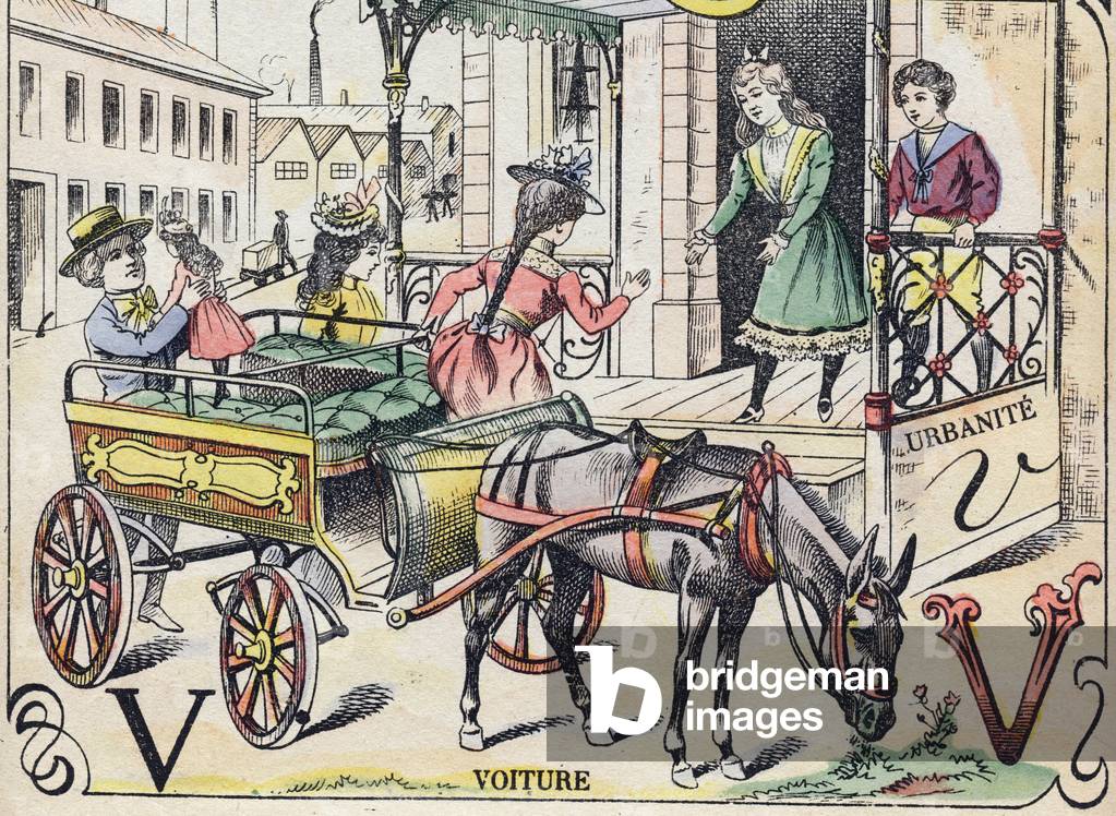 "Letre V als Auto (Anhängevorrichtung). Puppen-Alphabet. Bildgebung von Pont-a-Mousson durch Louis Vagne" 1900