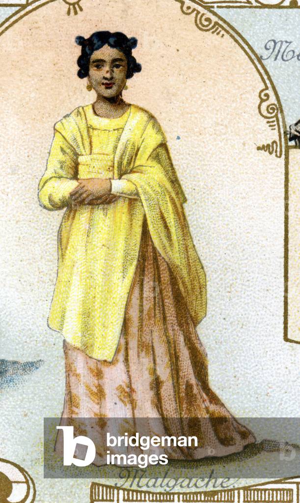 Malagasy woman . Edition the Parisian lithograph, end of the 19th century. Series of 25 advertising chromos for the Dijon manufacture of Biscuits Pernot, created in 1869. Detail of the characters in traditional costume