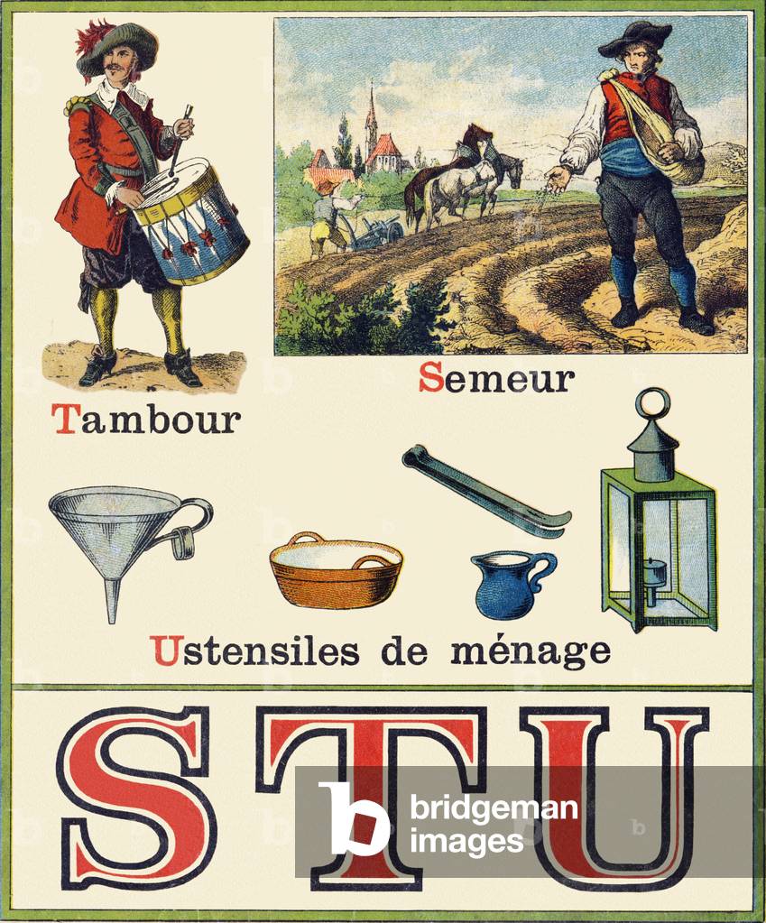 Letters S T U; Sower; Drum; Funnel; Household utensils; Lantern. Engraving in 