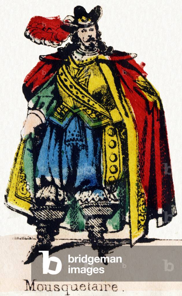 Musketeer. Engraving in “” Characters and Costumes vary””. New Epinal Imaging. Imp. lith. Pinot et Sagaire, bo