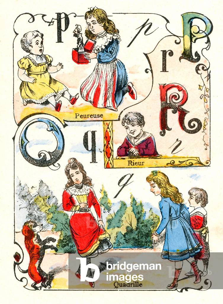 Letters P Q and R as fearful, laughter and quadrille. Engraving in 