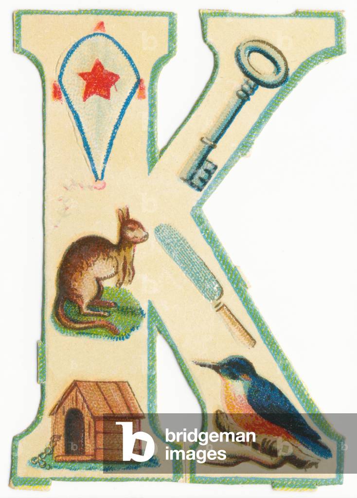 K: kite, key, kangaroo, knife, kennel, kingfisher (colour litho)