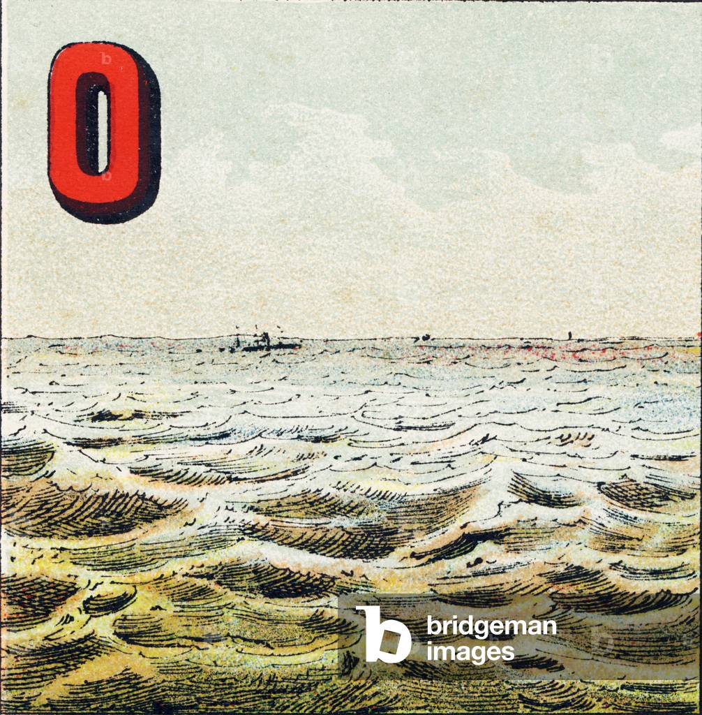 O : Ocean. Incommensurable etendue d'eau qui environne la Terre. L'eau de l'Ocean est salee ; l'homme ne peut pas la boire - Gravure extraite de Alphabet geographique. Guerin-Muller et Cie, editeurs, Paris, 1880. Librairie enfantine illustree. Dimensions : 27 x 19 cm.