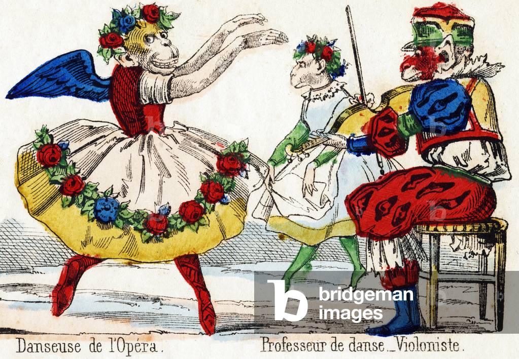 The opera dancer and the violinist dance teacher. Engraving in 