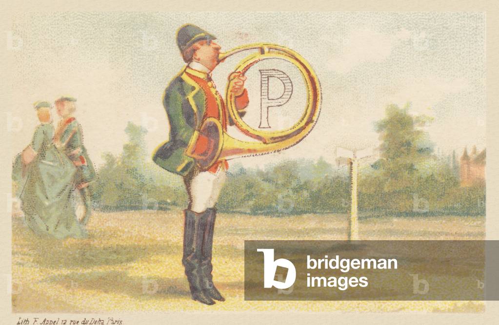 P (letter shown by a hunting horn player)
