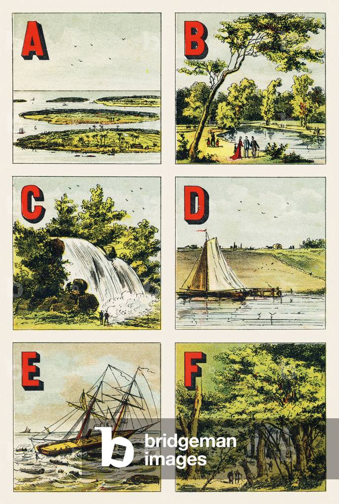 A B C D E F : archipel, Bois de Boulogne, cascade, digue, ecueil, foret de Fontainebleau - Gravure extraite de Alphabet geographique. Guerin-Muller et Cie, editeurs, Paris, 1880. Librairie enfantine illustree. Dimensions : 27 x 19 cm.