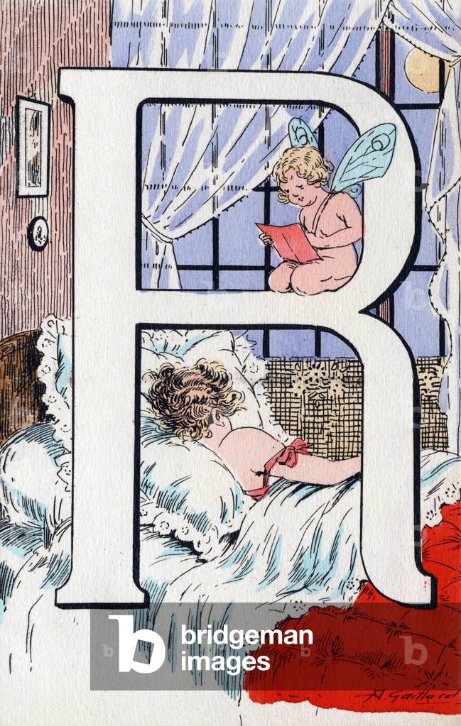 Letter R as Reve. Abecedary in postcards. Illustrations by A. Gaillard. Series of 24 cards published before 1930 (Annees Folles). Engraving. Dim: 14x9cm. Private Collection