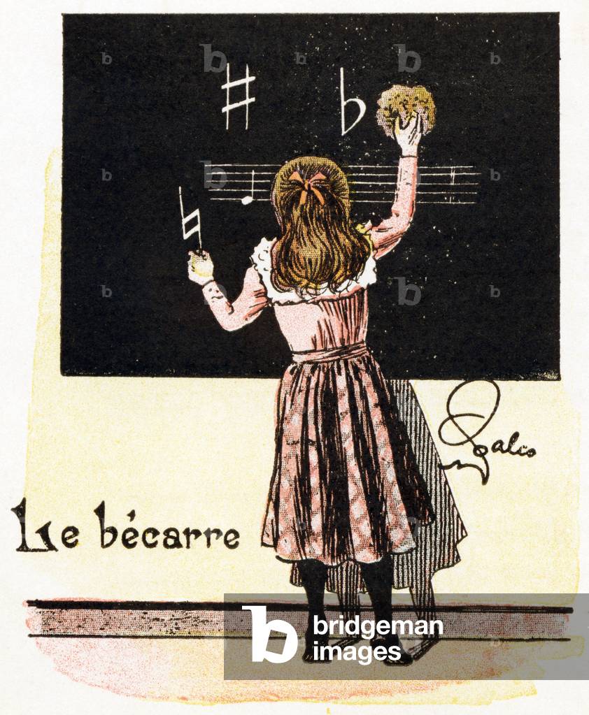 Le becarre - Alphabet de la musique. - For the use of young students of Schools, Education Houses and Families. Paul Dupont, editor, Paris, 1897. Author: Albert de la Graveliere. Illustrations by Galco. Engravings by Bertin & Cie. Dimensions: 31 x 24,5 cm.