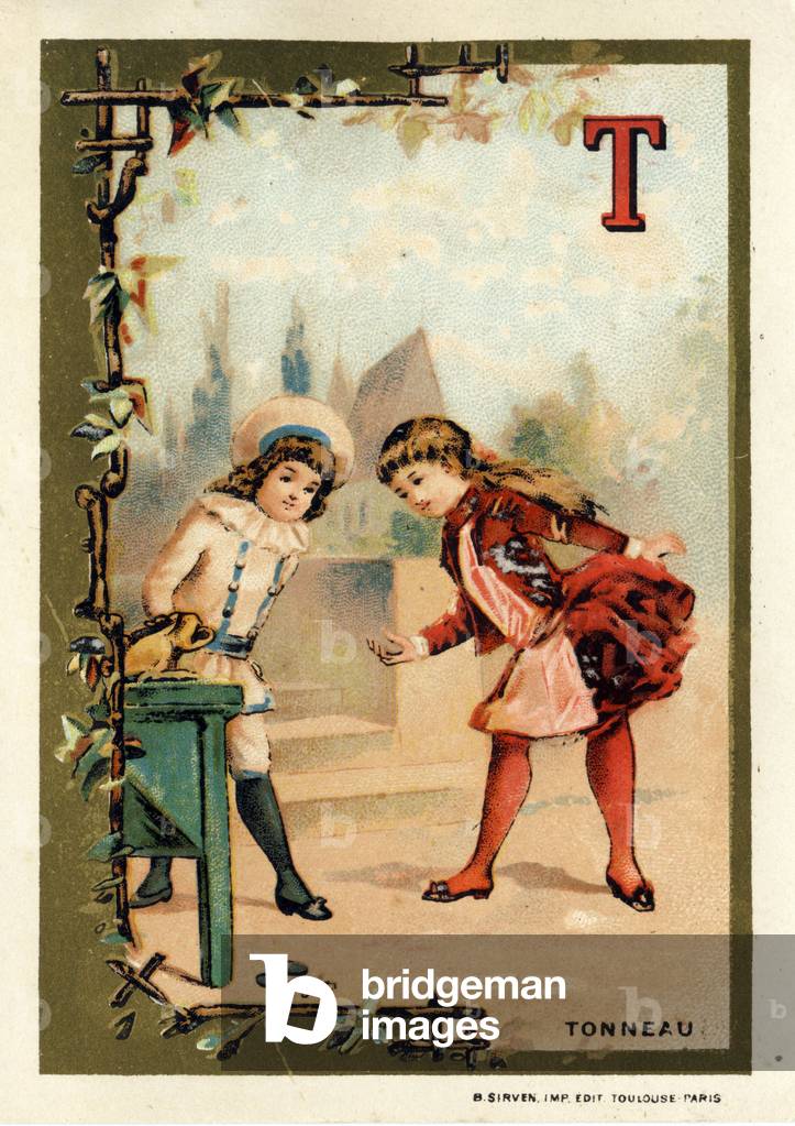 T as a barrel . Alphabet on the theme of games. Chromolithography of B. Sirven, late 19th century. Dim: 12x8,5cm