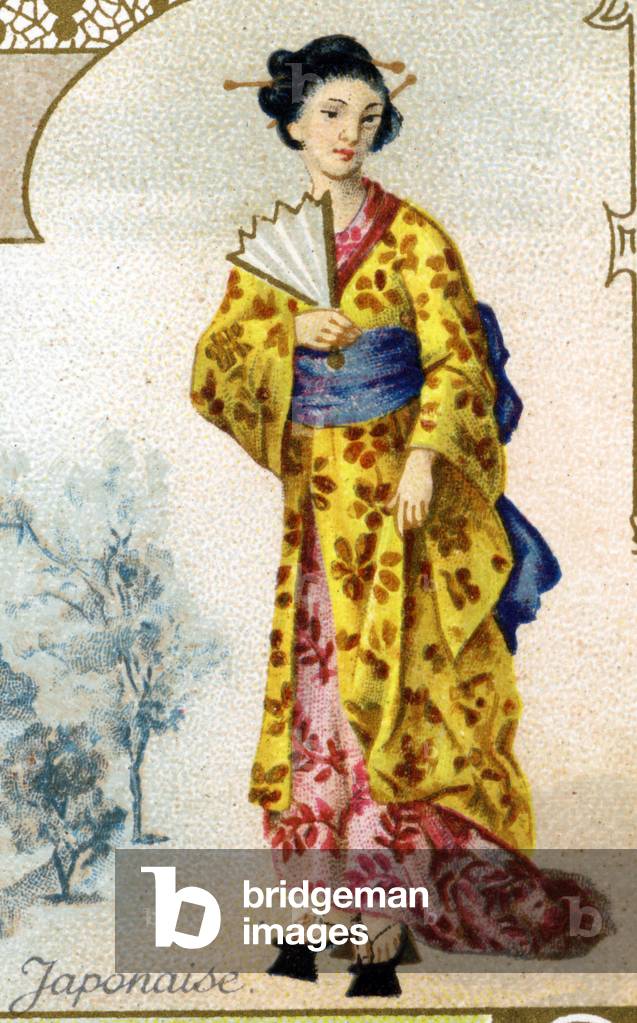 Japanese woman . Edition the Parisian lithograph, end of the 19th century. Series of 25 advertising chromos for the Dijon manufacture of Biscuits Pernot, created in 1869. Detail of the characters in traditional costume