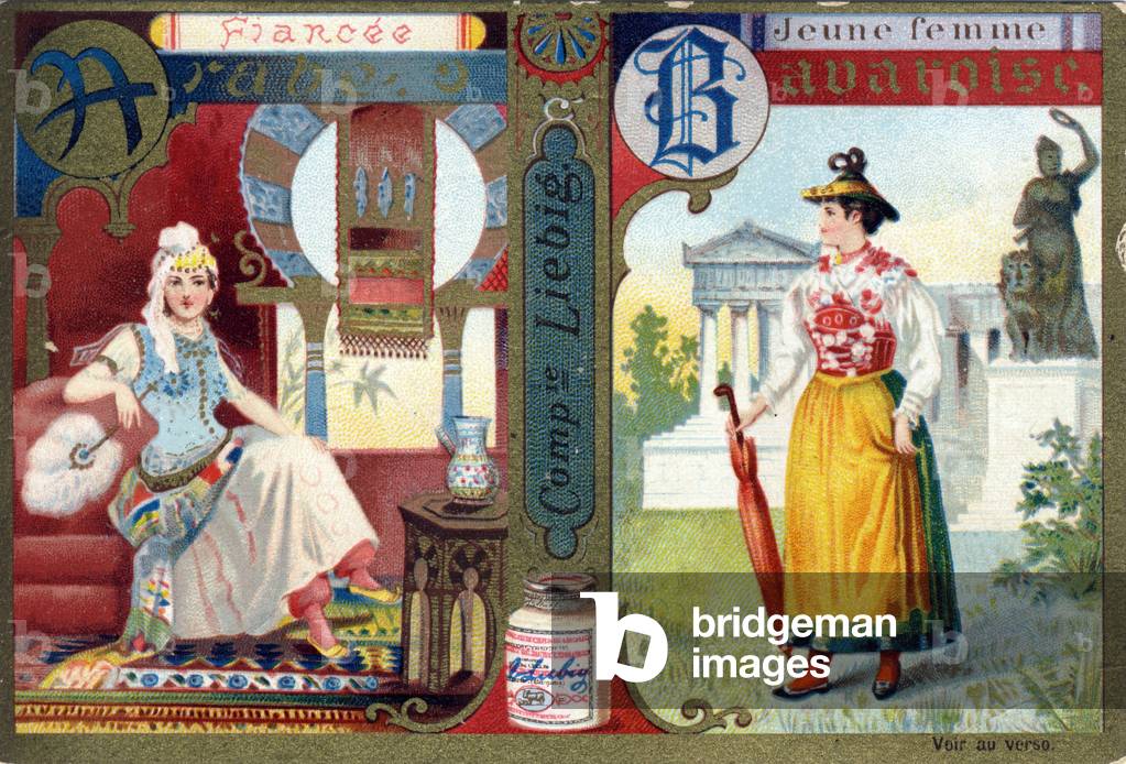 Letter A as Arab fiancee and B as Bavarian young woman. Women's alphabet . Series of 12 images. Liebig advertising, 19th century (chromolithograph)