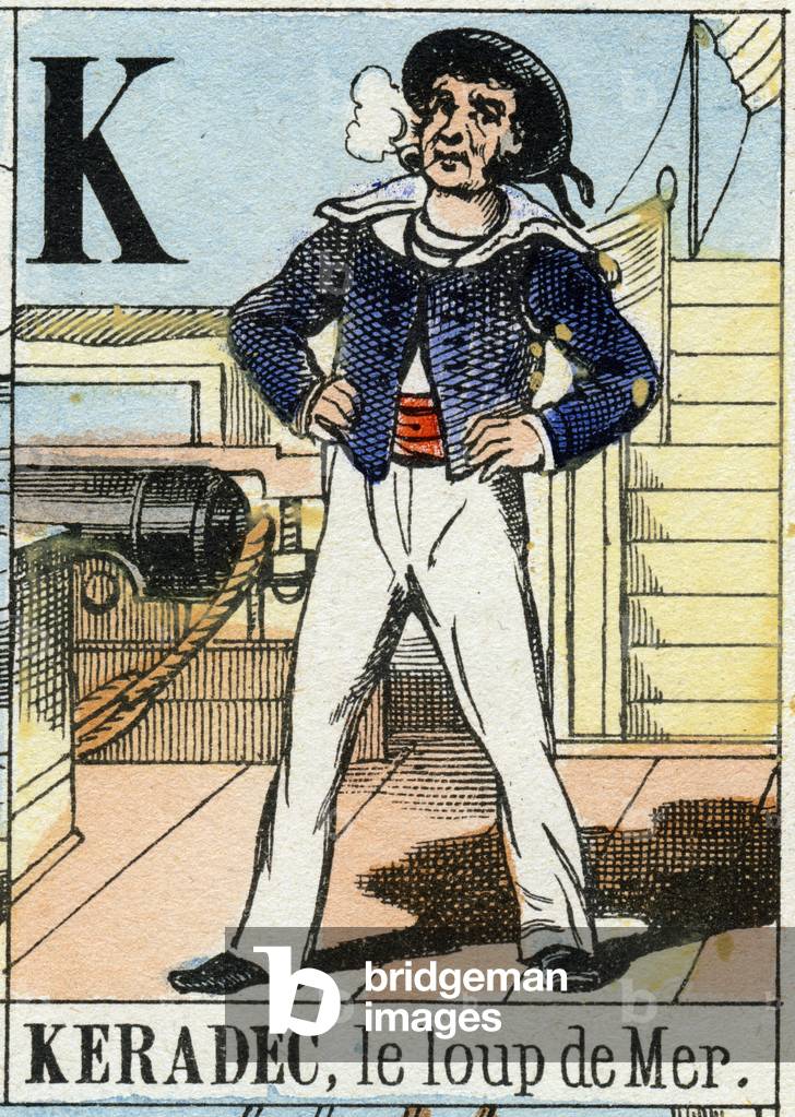 Letter K like Keradec, the sea bass. Navy alphabet . Epinal image, late 19th century. Stencilled wood engraving