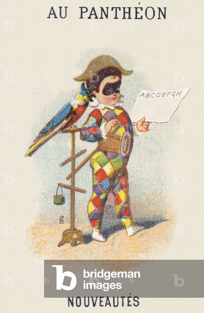 Arlequin et cacatoes. Un jeune enfant en costume d'Arlequin fait repeter les lettres de l'alphabet au cacatoes grimpe sur son perchoir. Chromolithographie publicitaire, lithographie Alfred Clarey, Asnieres (Seine), fin XIXe siecle. Dimensions : 9 x 6 cm