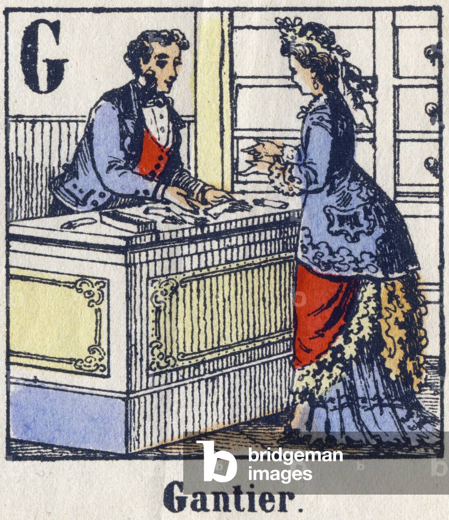 Letter G: Glove. Alphabet of professions. Delhalt imagery, second half of the 19th century. Dim: 40x29,3cm