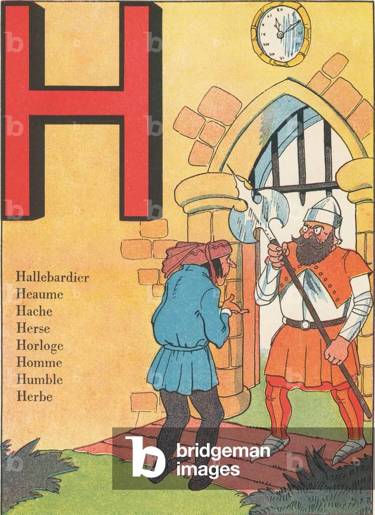H: Hallebardier, Helm, Axe, Harrow, Clock, Man, Humble, Grass