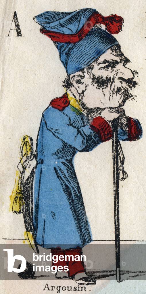 Letter A: Argousin (Lower officer of the bagnes, in charge of the guard of the forces). Engraving in “” Comic Alphabet””. New Epinal imaging. Lithography Pinot et Sagaire, editors, between 1860 and 1888. Plate n°491 with 25 illuminated letters. Dim: 40,5x28cm. Private Collection