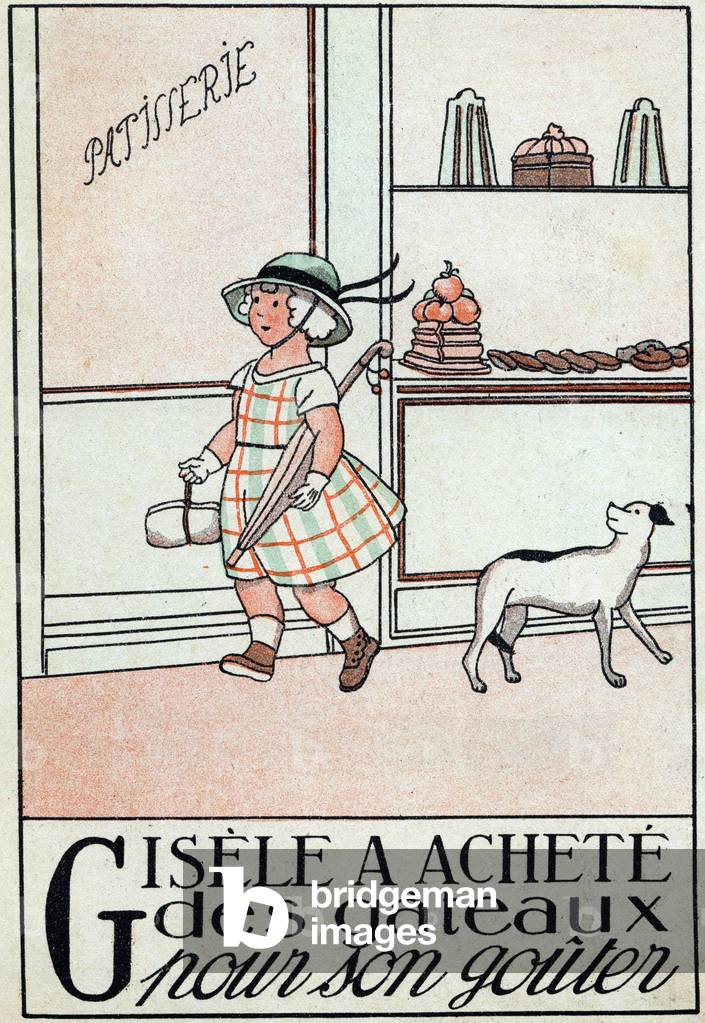 Letter G: Gisele bought cakes for his taste. Engraving in “” Alphabet en images”” by Marie Madeleine Franc-Nohain (Franc Nohain, 1879 - 1942). Librairie Larousse, publisher, Paris, 1924. 32 pages. Dim: 31,5x24,5cm. Private Collection