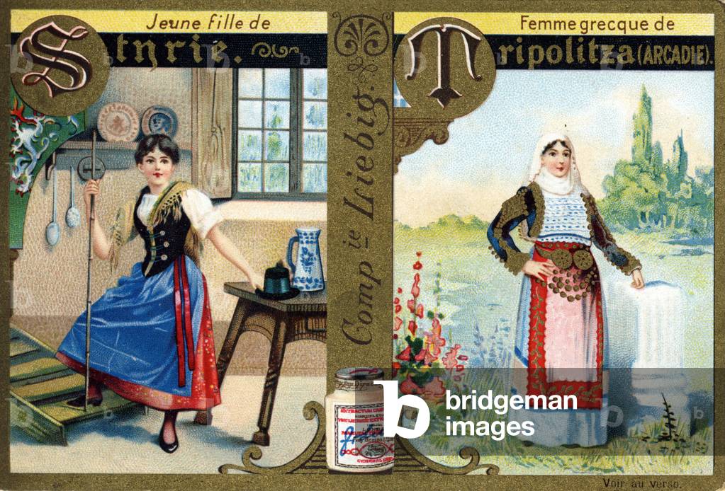 Letter S as Maiden of Stnrie and T as Greek Woman of Tripolitza . Women's alphabet . Series of 12 images. Liebig advertising, 19th century (chromolithograph)