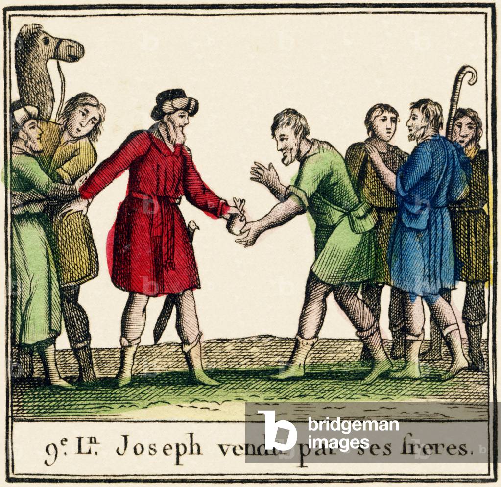 Moral abecedary - Joseph sold by his brothers, 9th lesson Eleventh edition. In Paris, by Le Prieur, Bookseller, 1810 (engraving)