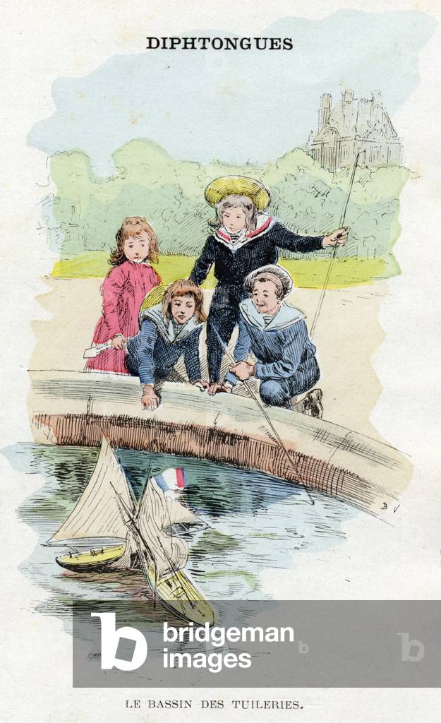 Diphtongues. The Tuileries basin. Two boats hit each other in the garden basin under the children's worried and amusing eyes. 1908 (chromolithograph)
