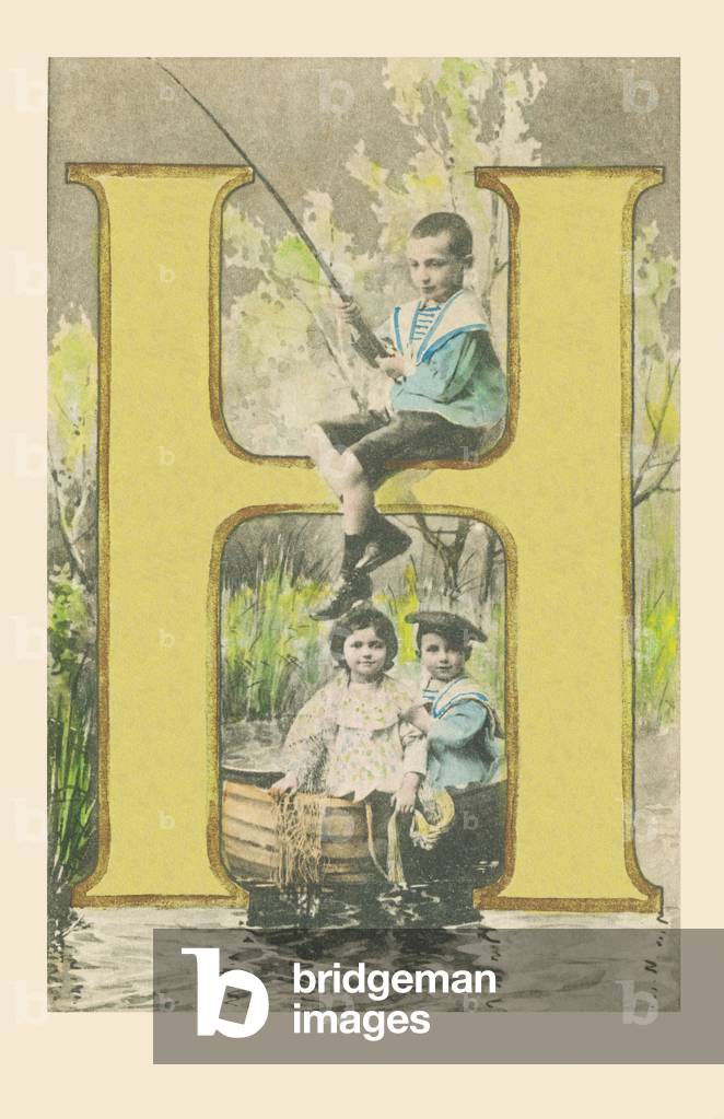 H: A boy holding a fishing rod, two children in a boat