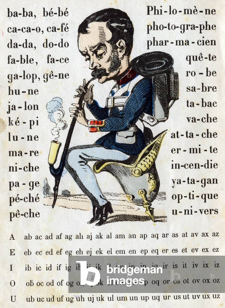Cartoon in a Prussian battleship suit. ABC military, 1870-1880 (Epinal print)