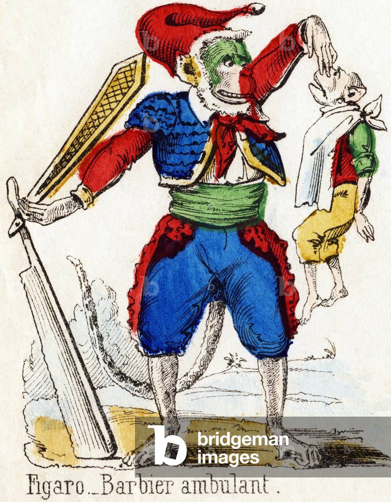 Figaro, walking barber. Engraving in 