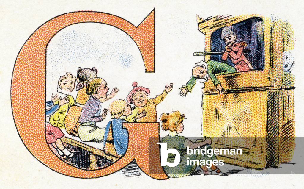 Letter G: Guignol. Alphabet of Phosphatine Falieres . Engraving. Brevete alphabet S.G.D.G. by pharmacist Pierre Emile Falieres . Illustrations in chromolithography, late 19th century. 16 pages. Dim: 103x154mm