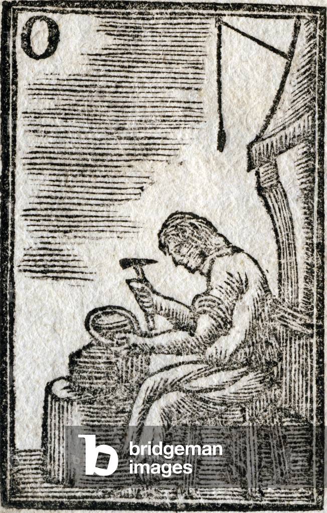 Letter O Goldsmith (makes and sells silverware). Engraving in “An instructive alphabet of arts and crafts”. Book in which a Child, while having fun, can learn about the Arts most useful to Society. In Avignon, with Pierre Chaillot Jeune, printer-bookseller, Place du Palais, 1822. Intaglio prints. 60 pages. Size: 13.5x9cm. Private collection