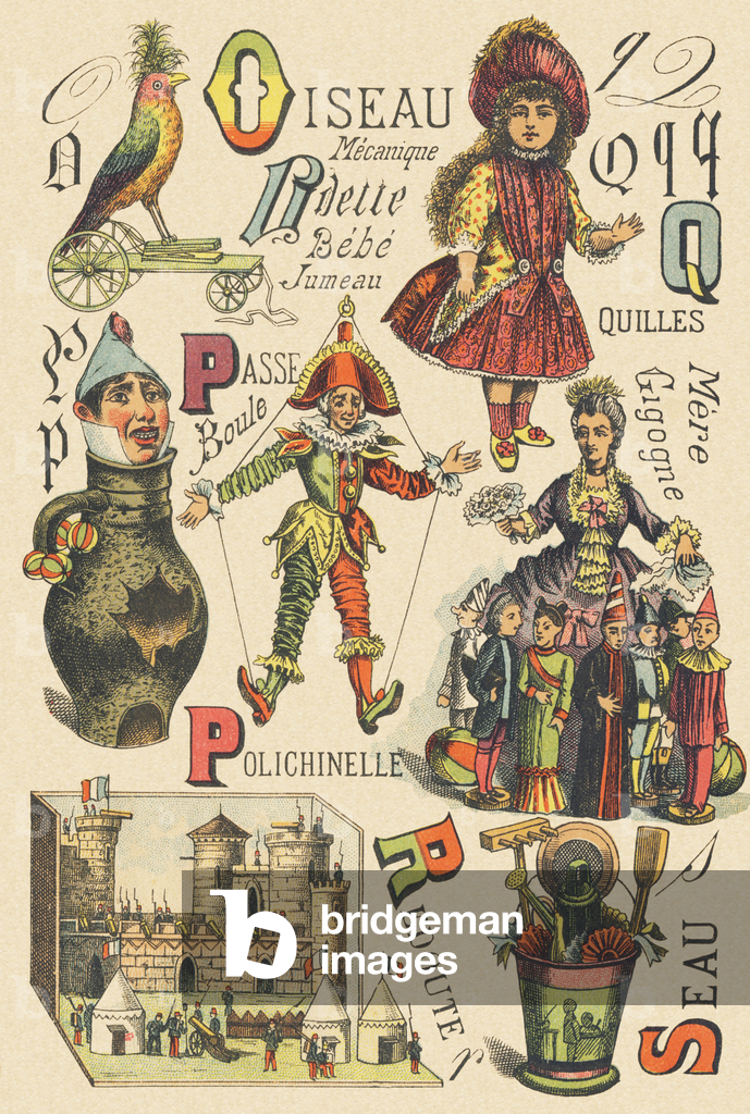 Lettera O, P, Q, R, S. Incisione in «ABC Toys». Imaging epinale in cromolitografia, 1890 circa. Piccolo libret