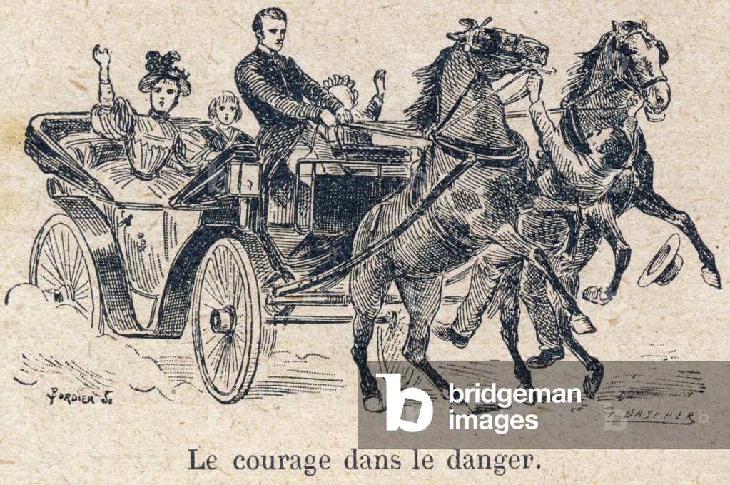 Duties towards oneself: the soul. Courage - Cold blood. Courage in danger. Engraving in “” The unique book of morality and civic instruction, intended for students of the three courses of the Primary School and those of the primary classes of the Lycees et Colleges, First Part: Morale” by A. Miglet (Primary Inspector Officer of Public Instruction) and H. Bernat (Teacher). Work redige in accordance with the instructions given by the Inspectorate-General in 1893 on the teaching of morals. Edition of 1919 (seventeenth). Godchaux et Cie, printers-publishers, Paris. Drawings by G. Dascher, grave by Bordier. Private Collection