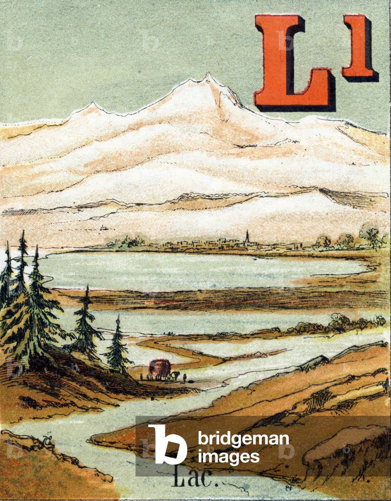 Letter L: Lake near a mountain. Alphabet of small geographers. Children's bookshop illustrated. Guerin-Muller et Cie Editeurs, A. Capendu Successor, Paris, 1881. L.V. Leer and Cie Haarlem. Chromolithography. Dim: 27x23,5cm. Private Collection