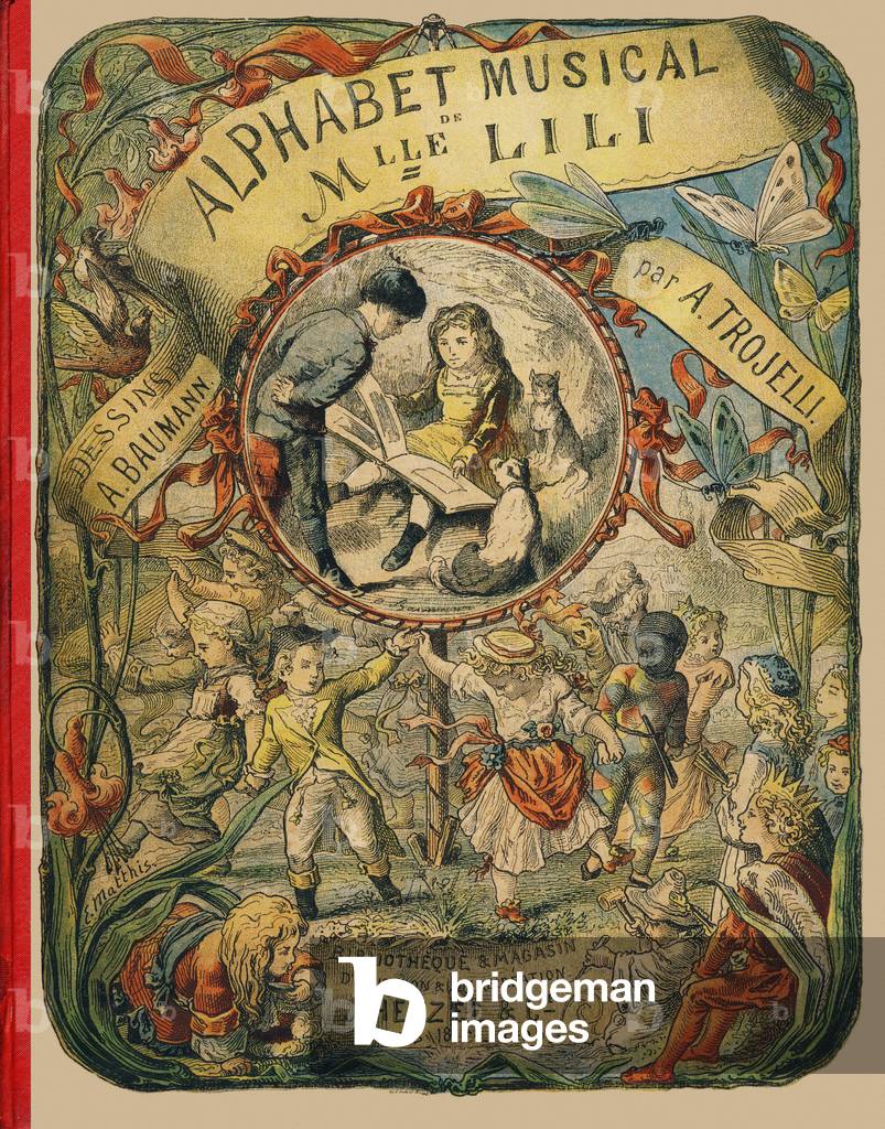 Couverture - Gravure extraite de l' Alphabet musical de Mlle Lili, par Angelino Trojelli (18..-1916). Bibliotheque & Magasin d'Education et de Recreation J. Hetzel & Cie, Paris, 1883. Dessins de Alphonse Victor BAUMANN (1826-1909). Dimensions : 27 x 21 cm 