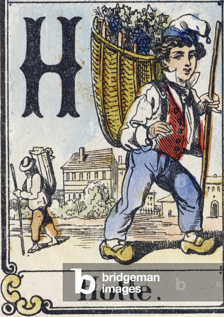Letter H: hood. Recreative alphabet. Epinal imaging. Stencilled wood engravings, circa 1880. Small booklet of 16 pages