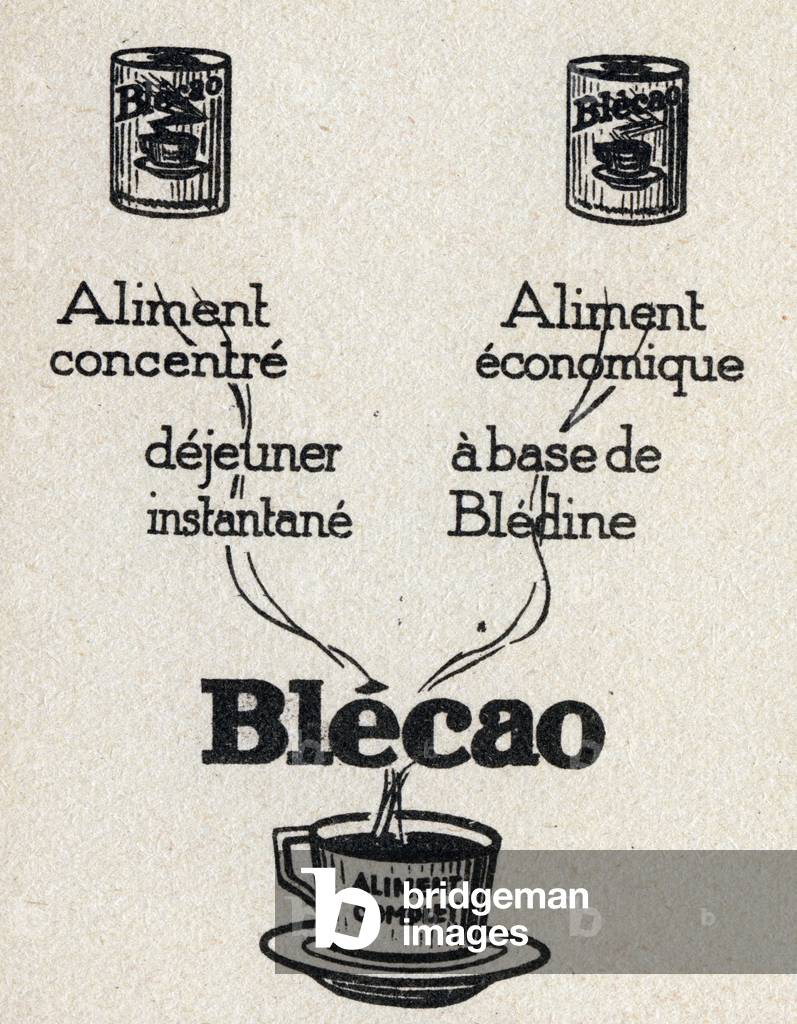 Advertising Blecao based on Bledine. Back of the cards of the Toddler Alphabet, circa 1930. Advertising images for Bledine and Blecao Jacquemaire