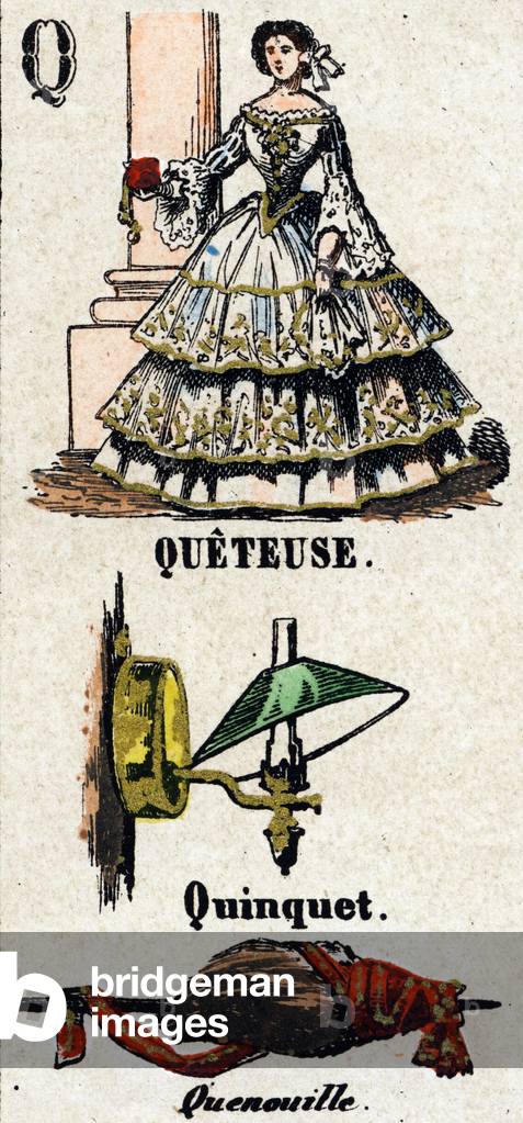 Letter Q as a quatter, quenquot and cattail. Small encyclopedic alphabet, c.1860 (Epinal print)