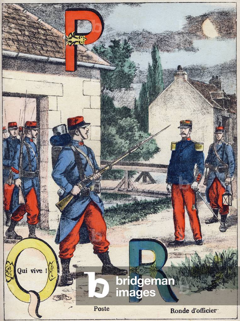 Letters P Q and R: Post, Qui vive! and Officer's Round. Engraving in 