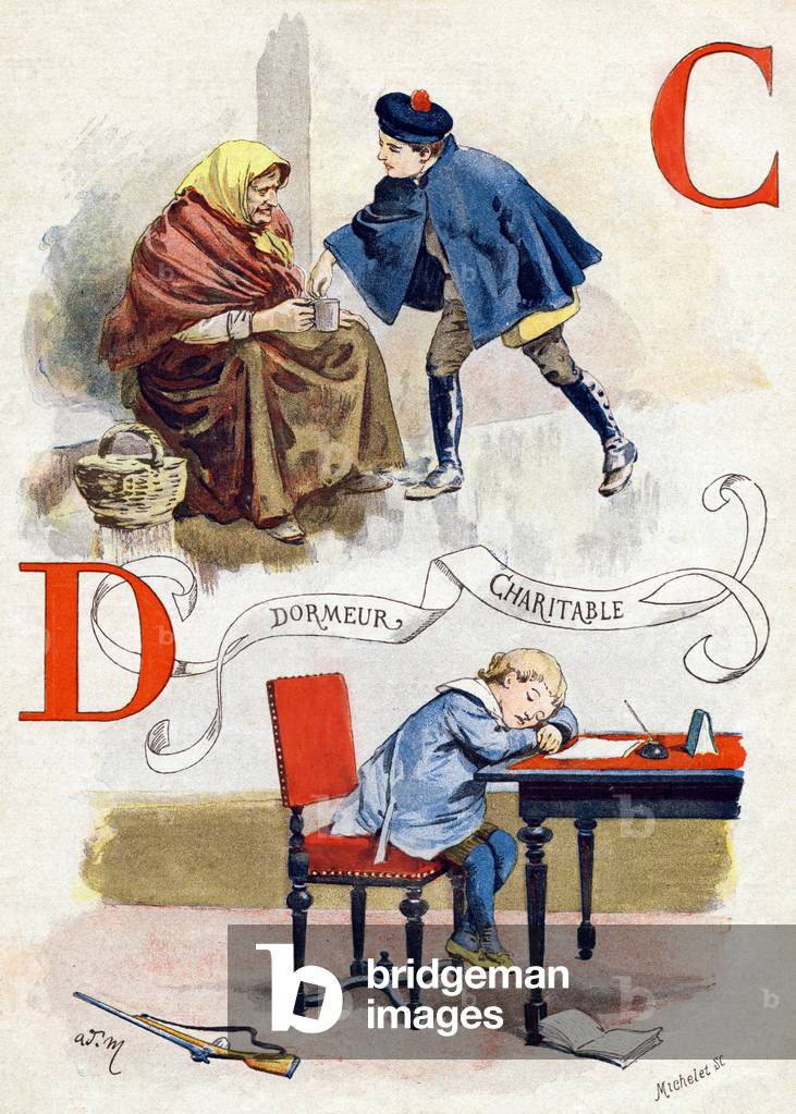Letter C and D: Charitable and sleepy. Engraving in “Usual alphabet”. Illustrations on the theme of qualities and defects in children. A. Quantin, printer-publisher, 1885. Collection: The Children's Encyclopedia. Illustrator: Adrien Marie (1848-1891) and engraver: Michelet. 28 pages. Size: 24x18cm. Private collection