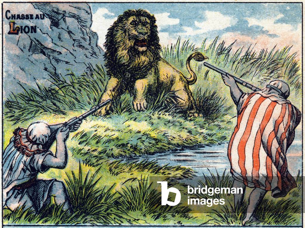 Lion hunting scene. Syllabar alphabet of hunts Imaging of Epinal, 19th century. Chromolithography