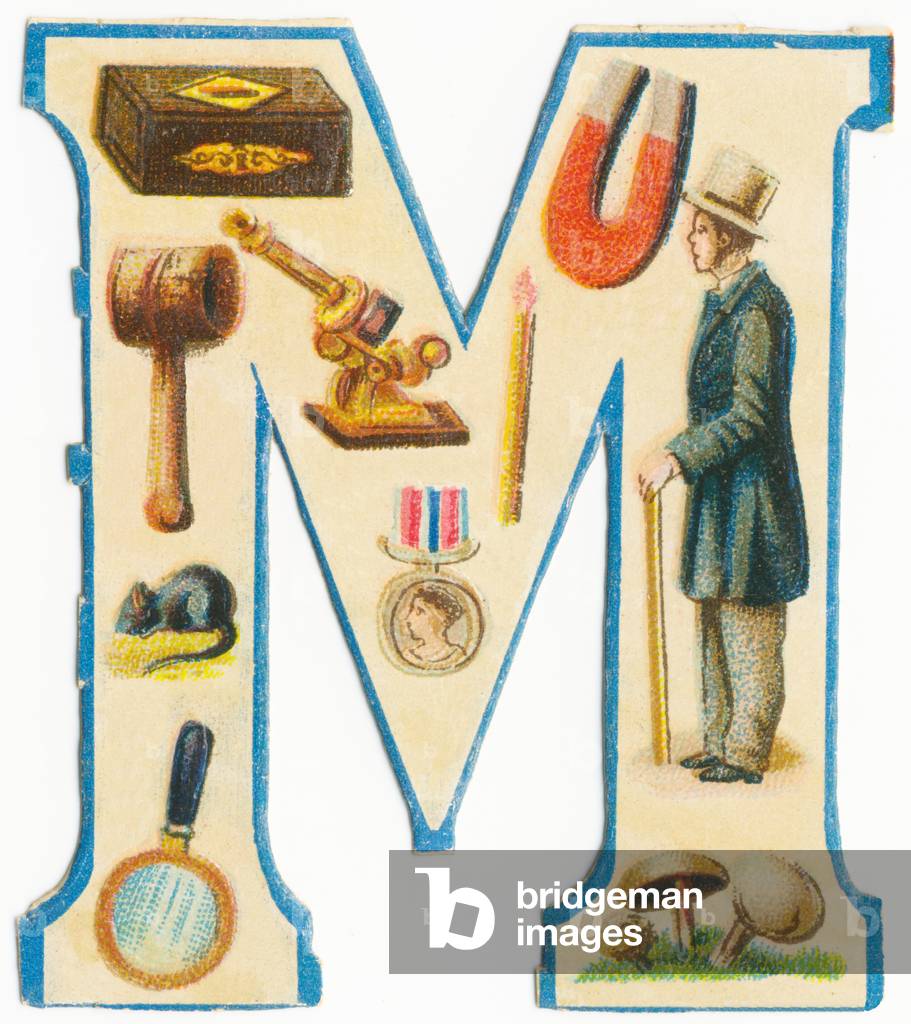 M: matches, magnet, mallet, microscope, mouse, medal, man, magnifying glass, mushrooms (colour litho)
