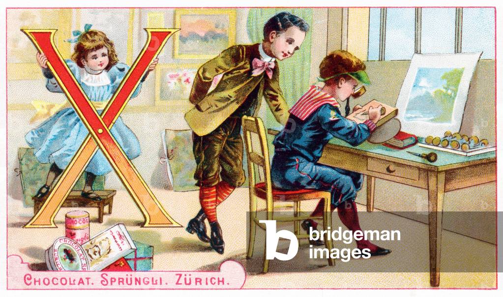 X : Xylographe - Xylograph - Illustrated Alphabet Sprungli, c.1890 (chromolithography)