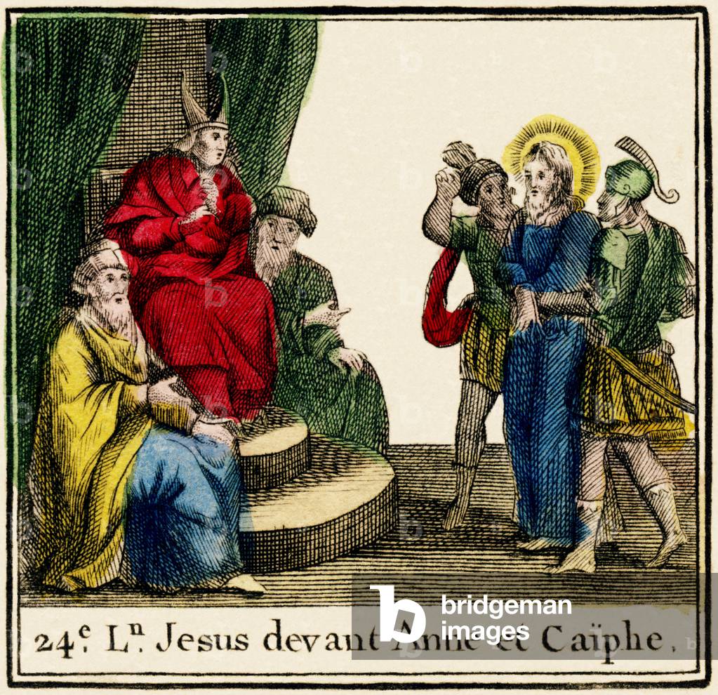 Moral abecadary - Jesus in front of Anne and Caiphe, 24th lesson Eleventh edition. In Paris, by Le Prieur, Bookseller, 1810 (engraving)