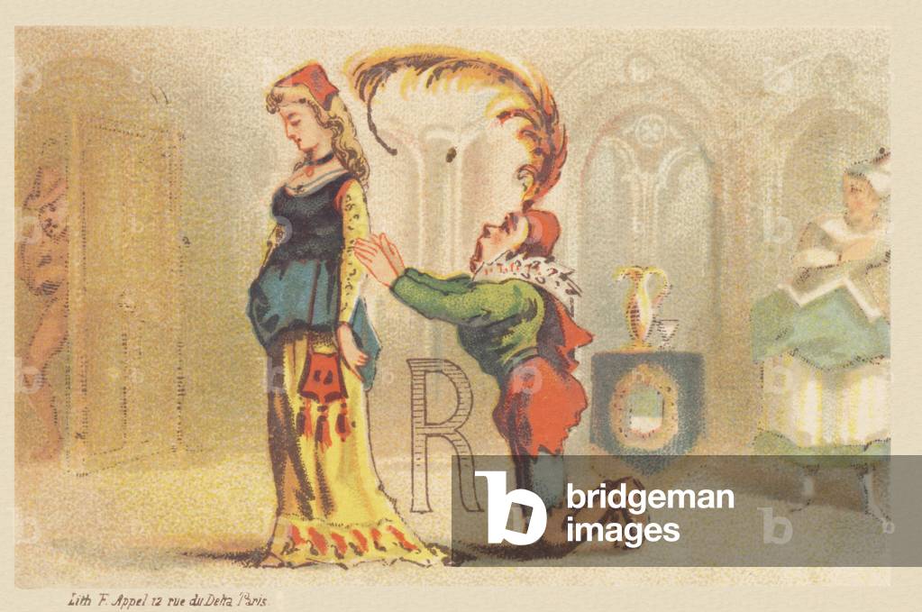 R (letter shown by a lady and a valet on his knees)