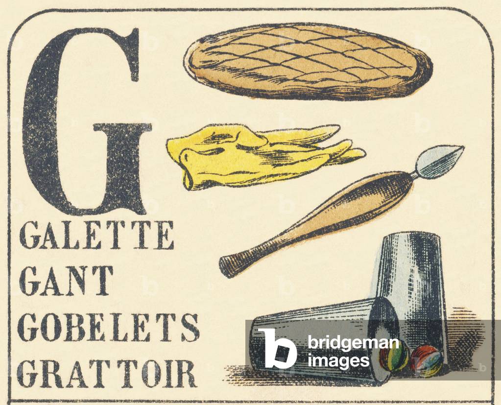G : galette, gant, gobelets, grattoir - ABC of everyday things, 1890 (illustration)