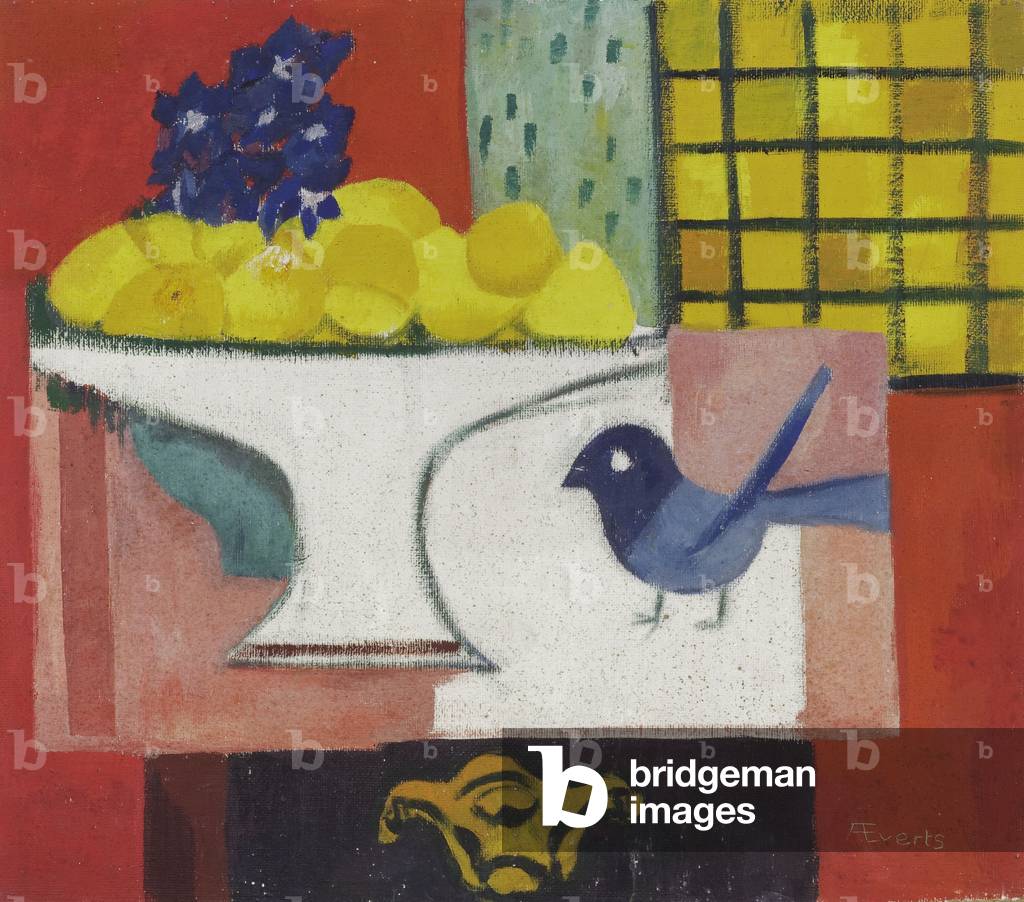 stillleben mit blau vogel, c. 1945-50 (öl auf hardboard)