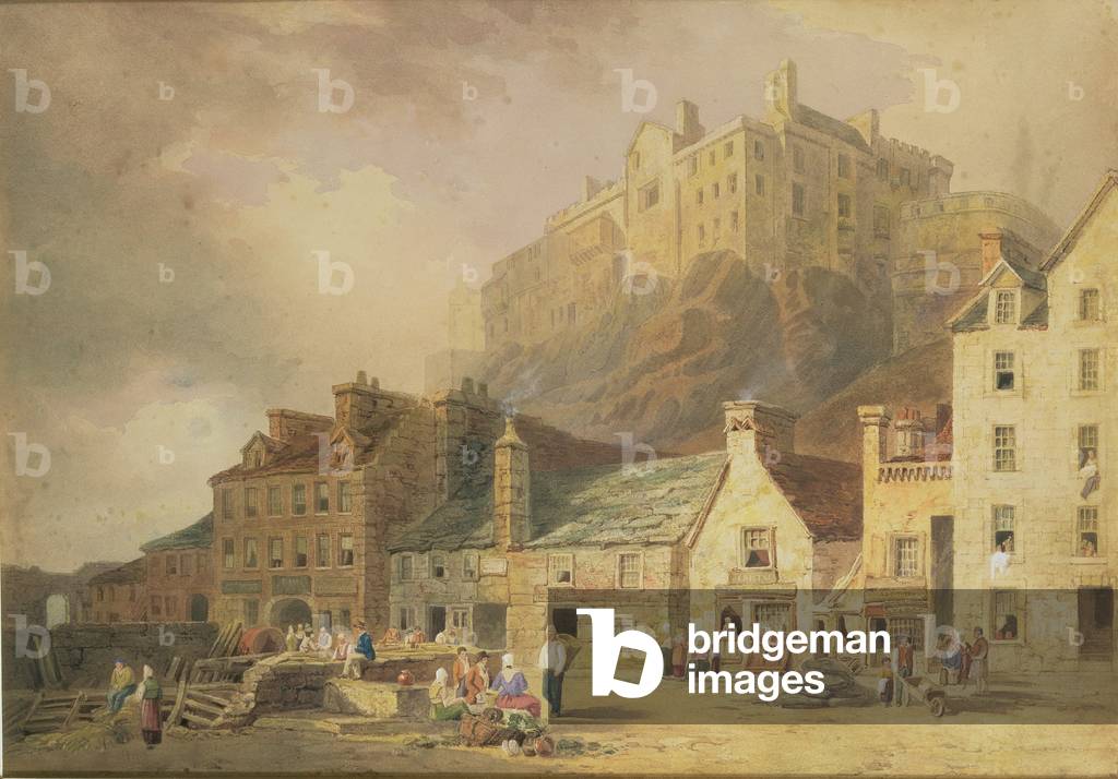 "Castello di Edimburgo visto dal Grass Market", C19th Secolo di William Henry Stothard
